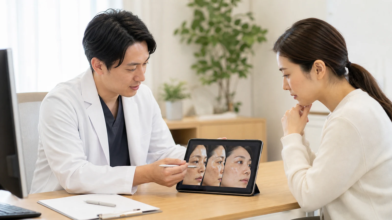 医師がシミ画像を確認しながら説明する診察イメージ