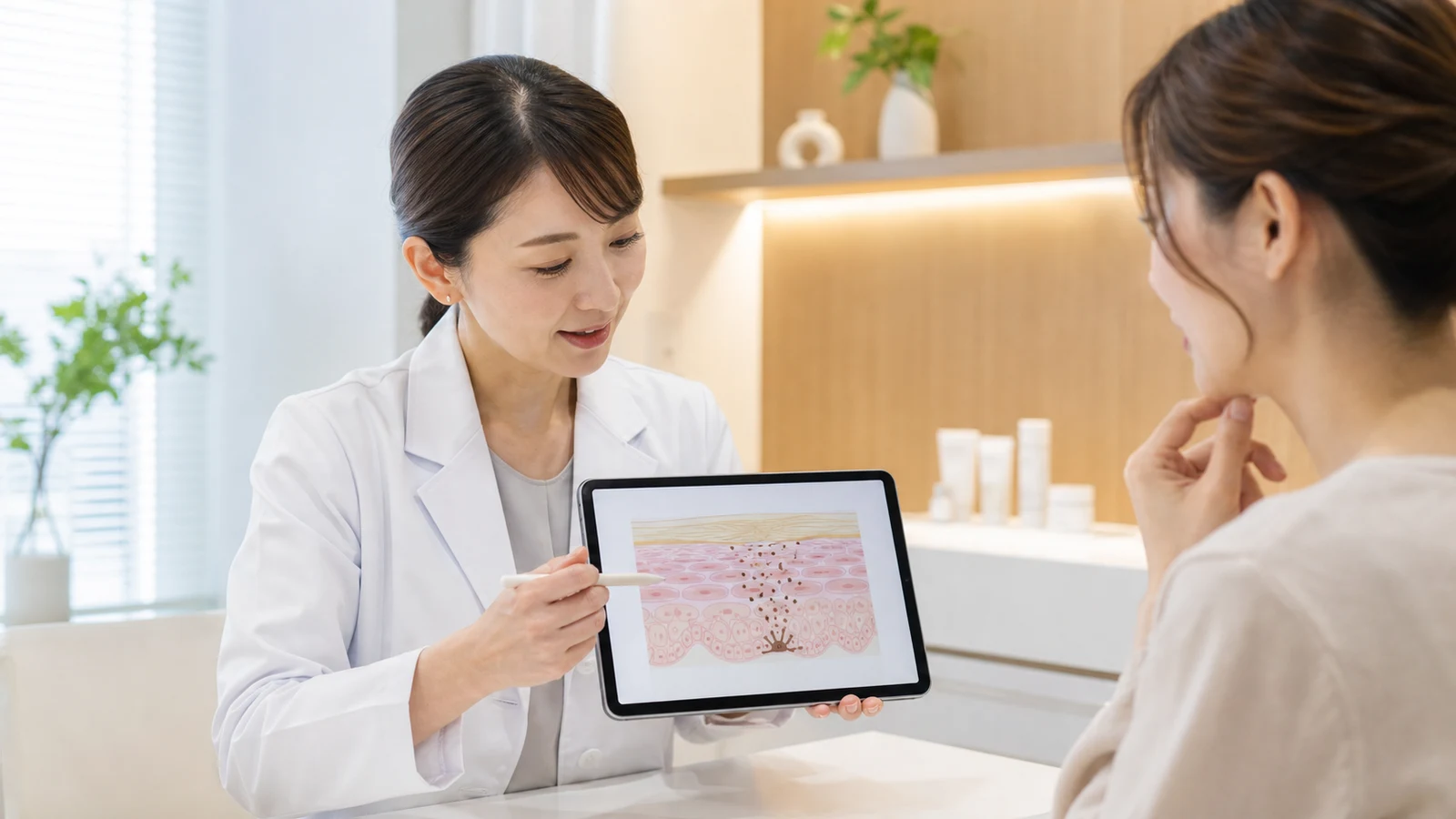 シミの原因別メカニズムを医師が説明する診察イメージ
