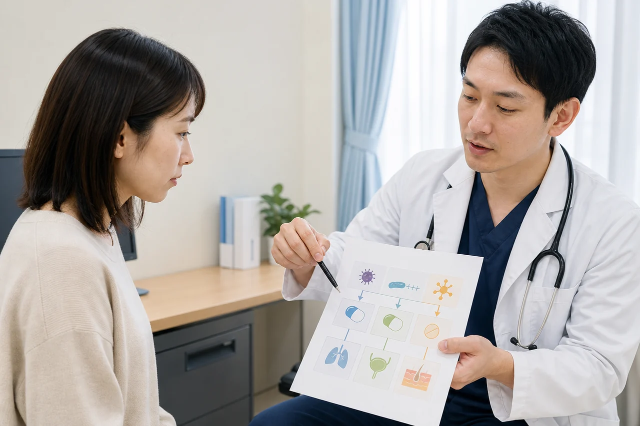 感染症治療薬を選ぶ診察 抗菌薬と抗真菌薬の違いを医師に相談する患者