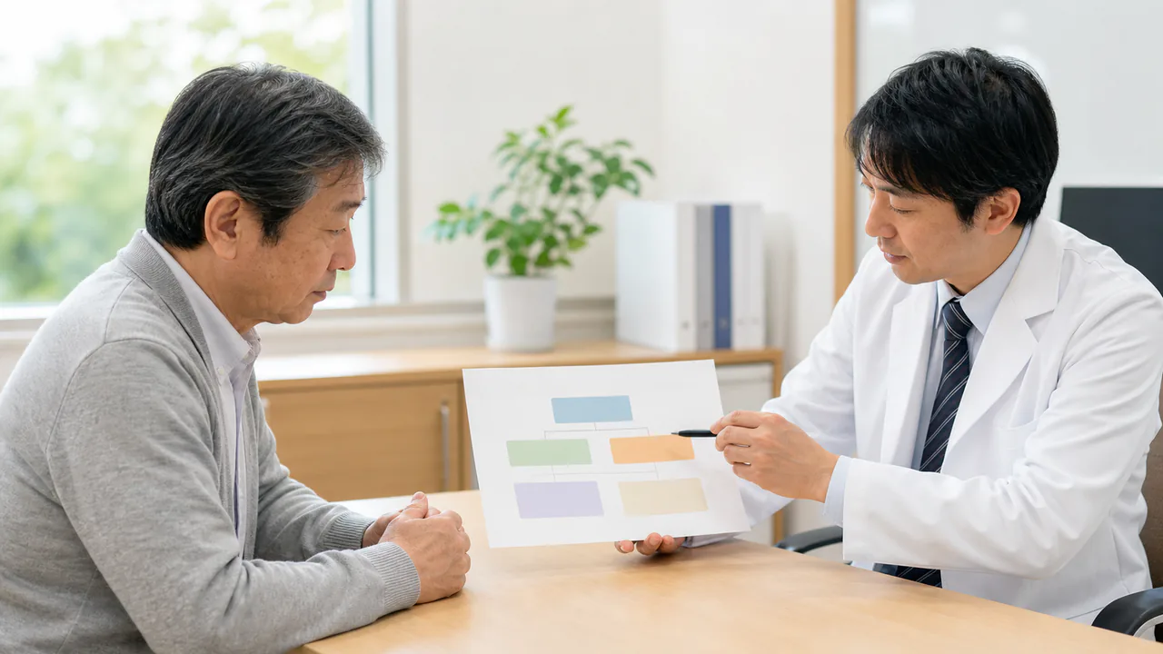 がん治療薬の選択を相談 がん治療薬の選択肢と治療目標を医師に相談する患者