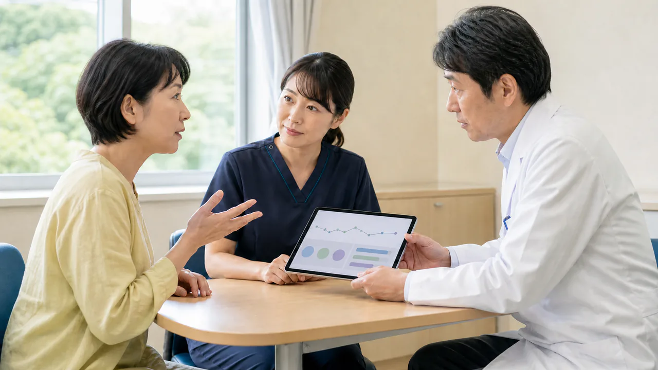 がん治療の効果と安全性を再評価 がん治療の効果と副作用を医師と看護師に確認する患者