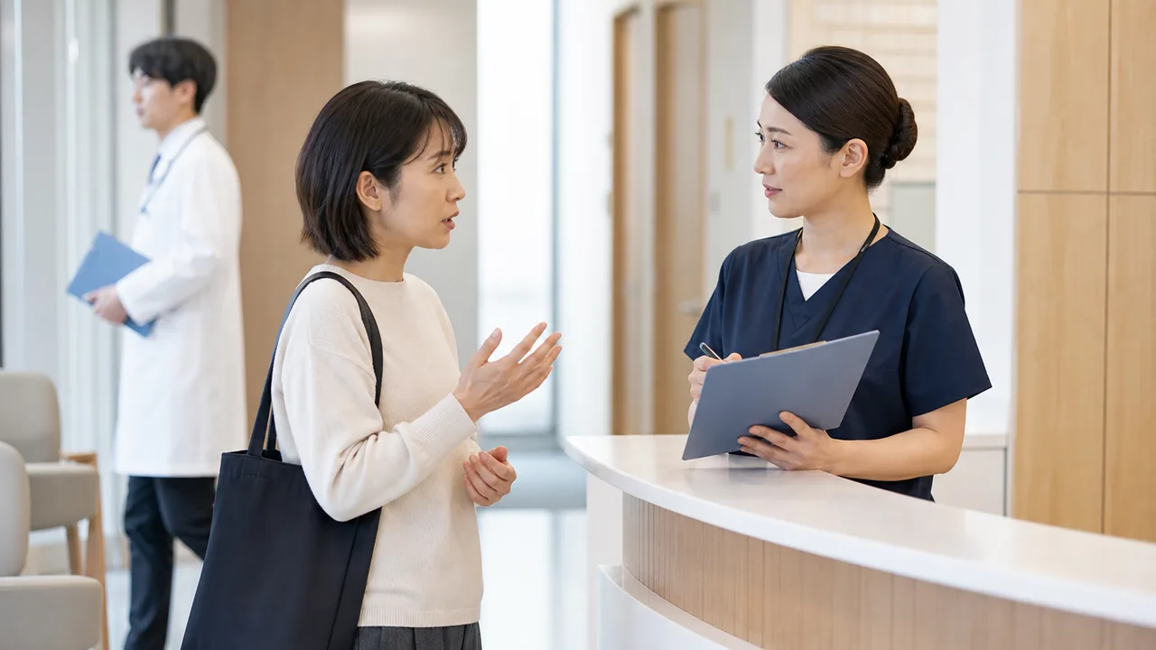 受診前の説明と確認 病院の案内窓口で受診後の対応や確認事項を医療スタッフに質問する患者