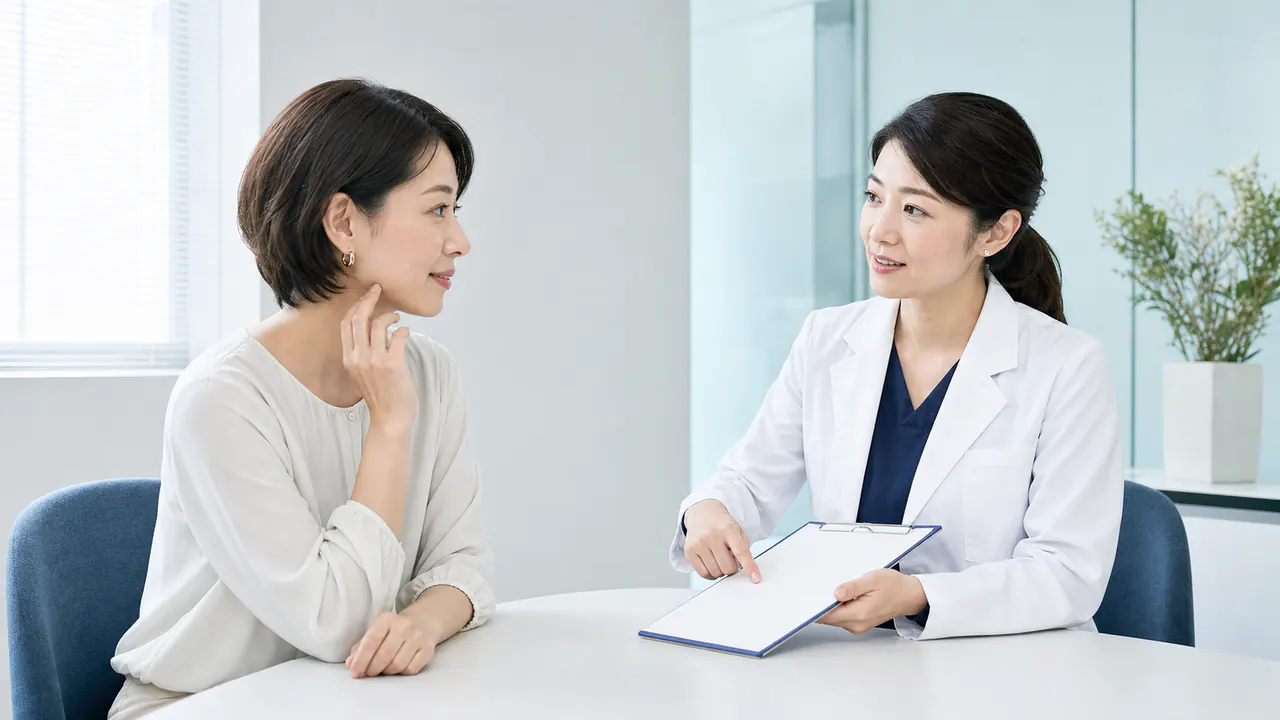 美容皮膚科の相談と治療選択 美容皮膚科医と肌悩みや治療方針を相談する女性