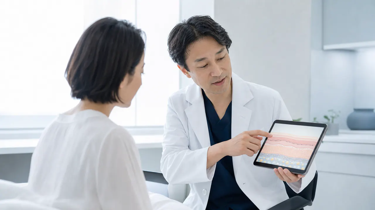 美容皮膚科の治療を専門医が説明 皮膚の構造を示しながら美容皮膚科の治療を説明する医師