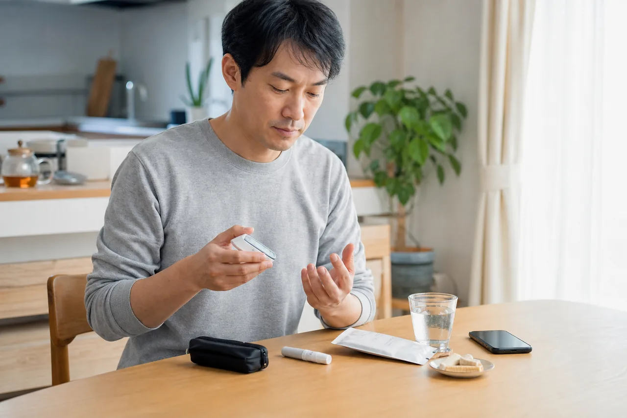 低血糖に備えた自宅での確認 自宅で血糖測定器と低血糖時の補食を確認する男性