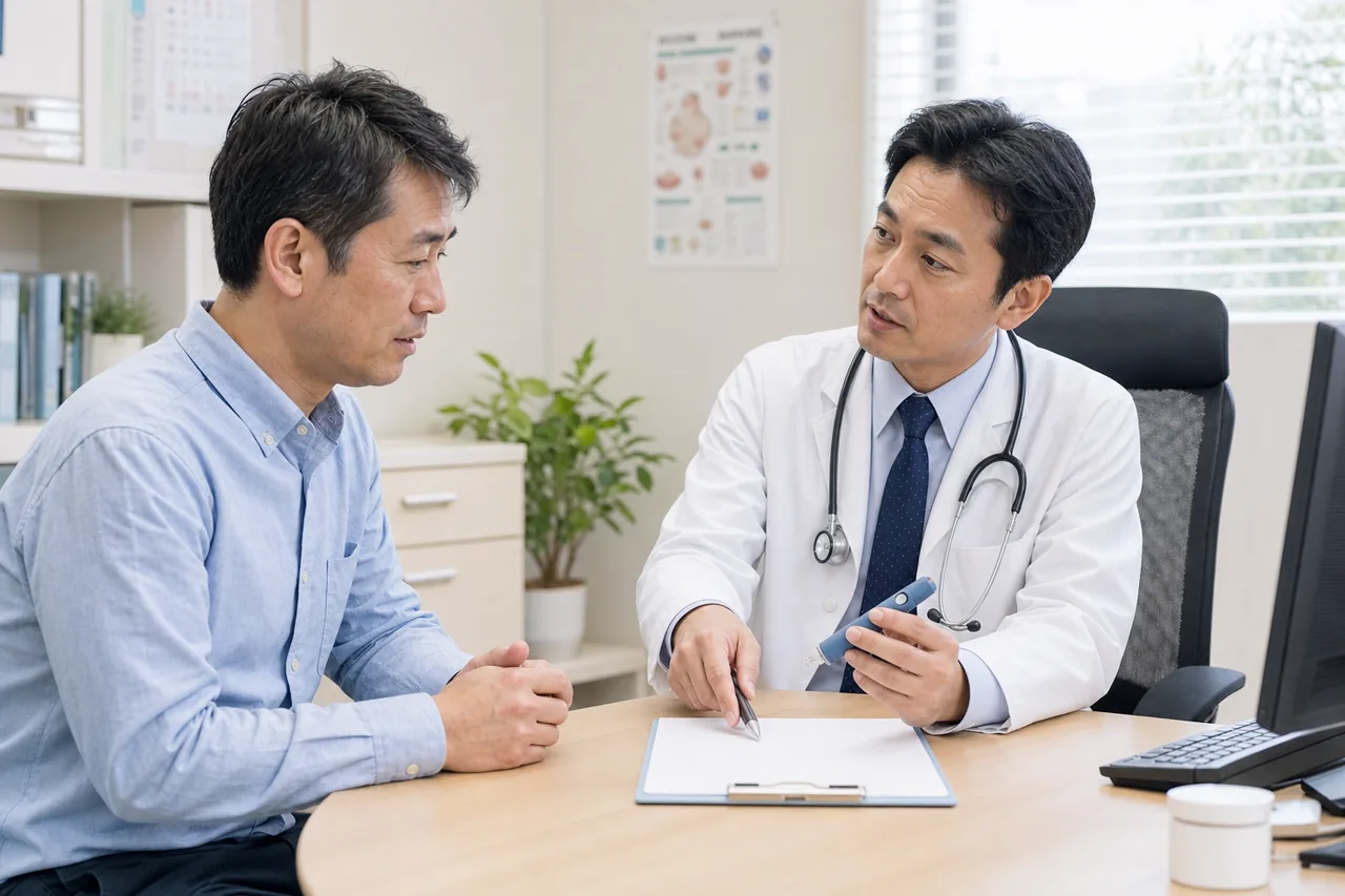 糖尿病治療薬を選ぶ診察 糖尿病治療薬の選択肢を医師と相談する男性患者