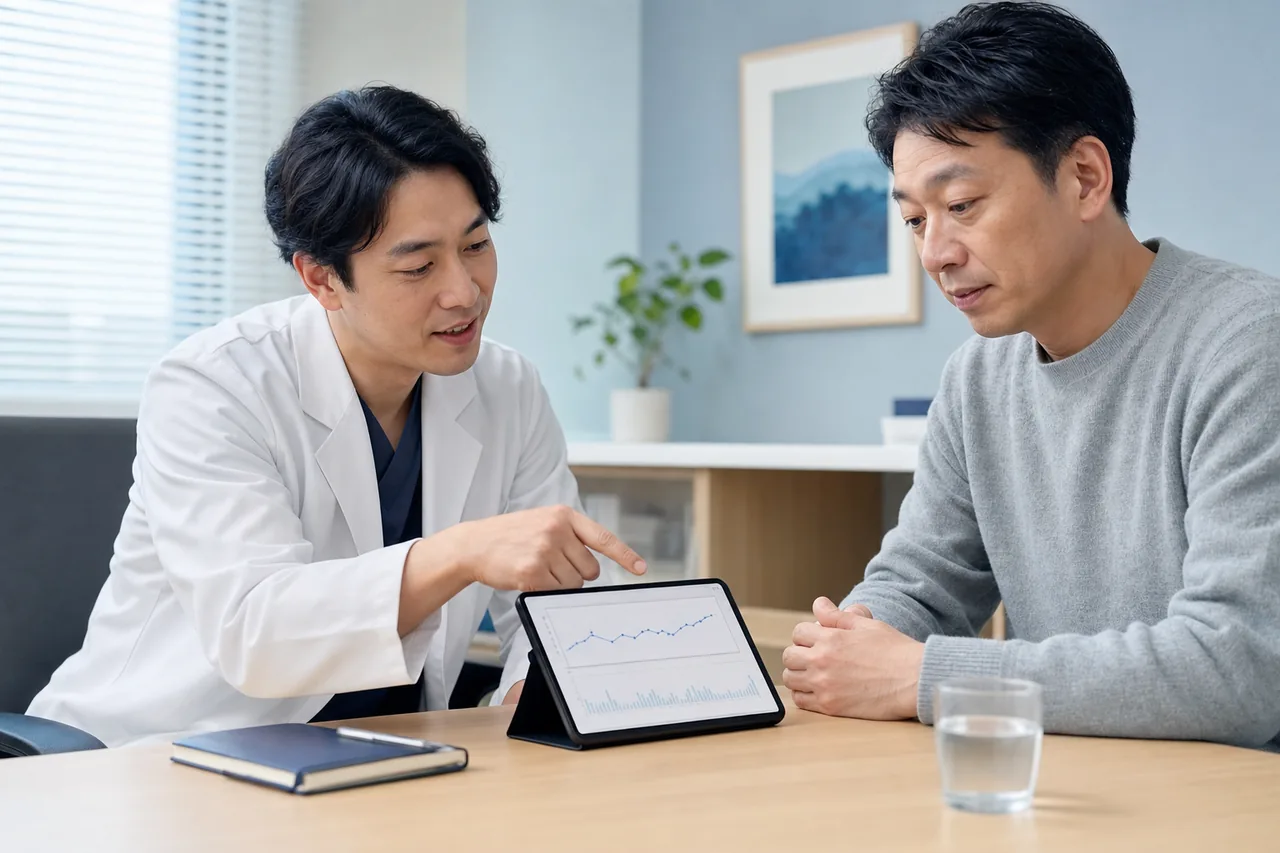 糖尿病治療の定期的な見直し 糖尿病治療の経過を医療者と一緒に確認する男性患者