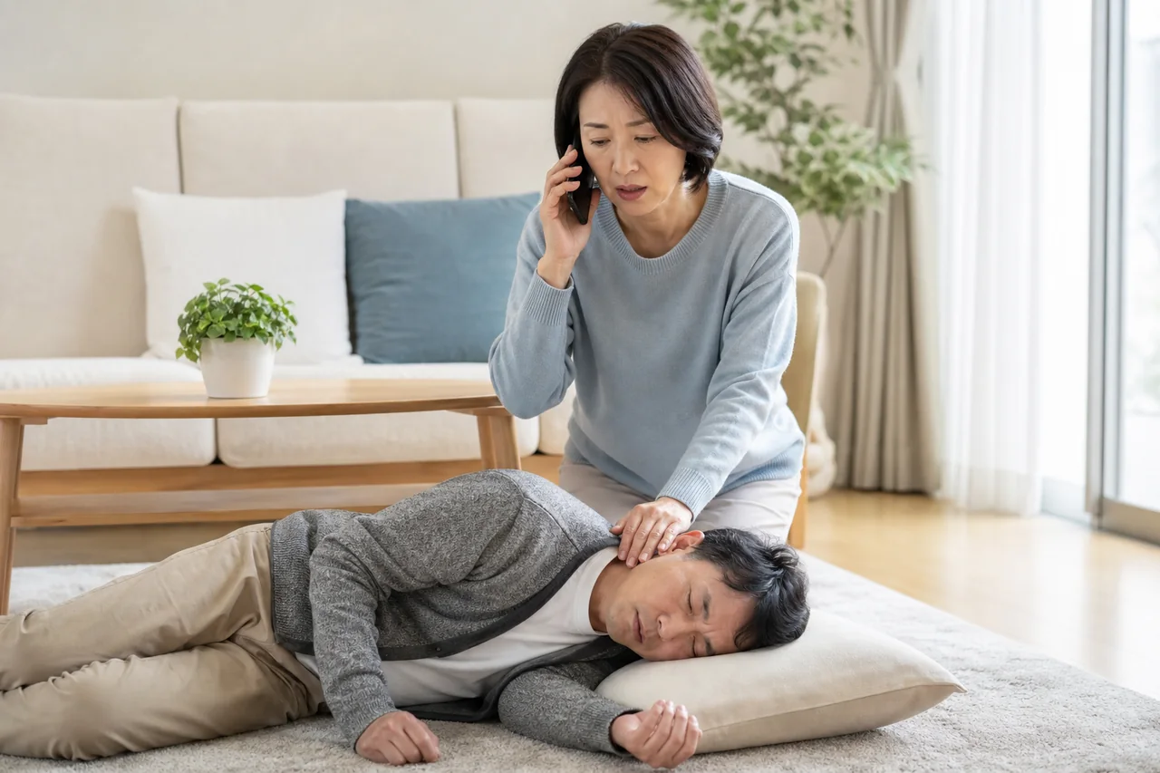 緊急症状があるときの119番通報 突然の体調変化があった家族を安全な姿勢にして119番へ連絡する場面
