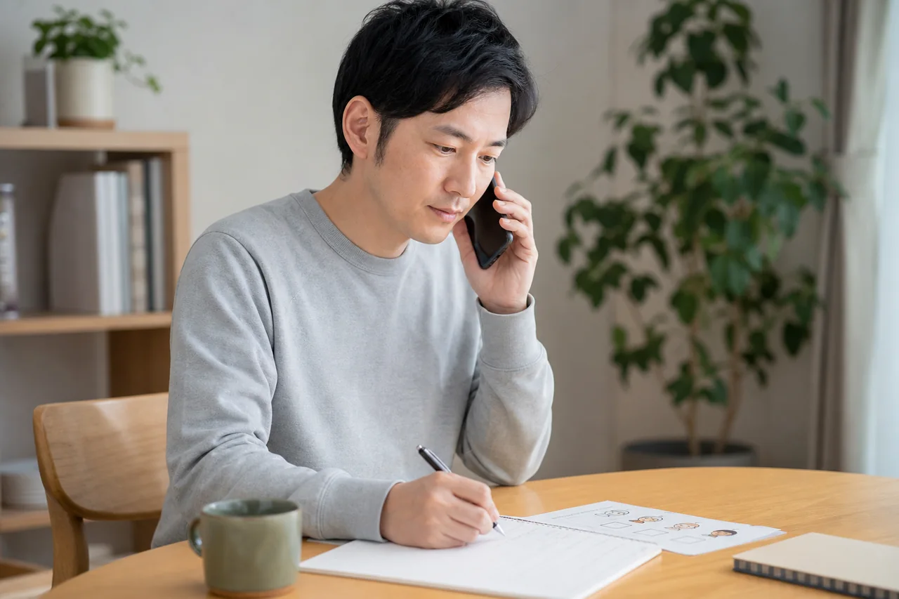 救急相談窓口を使った受診判断 症状を記録しながら救急相談窓口へ電話する男性