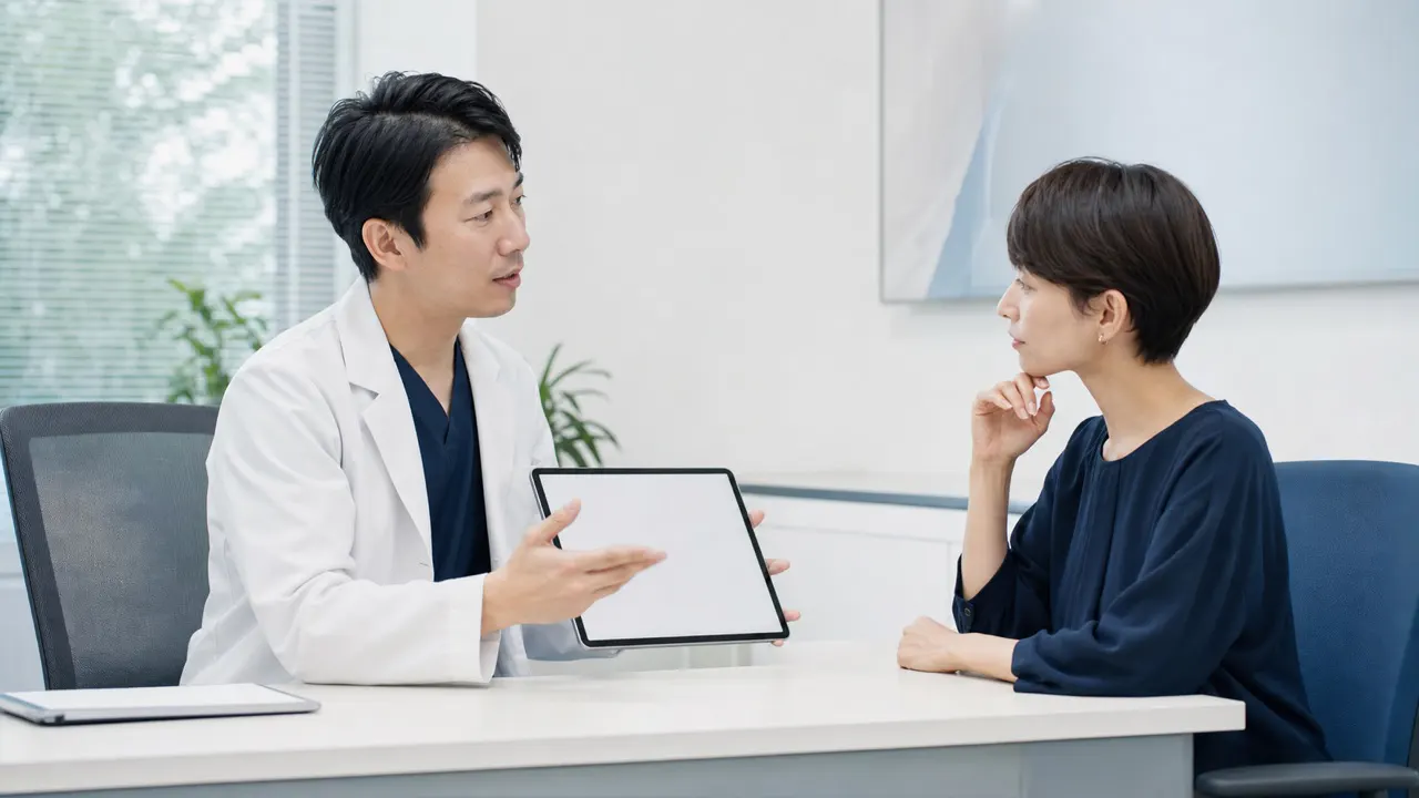 美白点滴を検討する前に医師から効果とリスクの説明を受ける場面