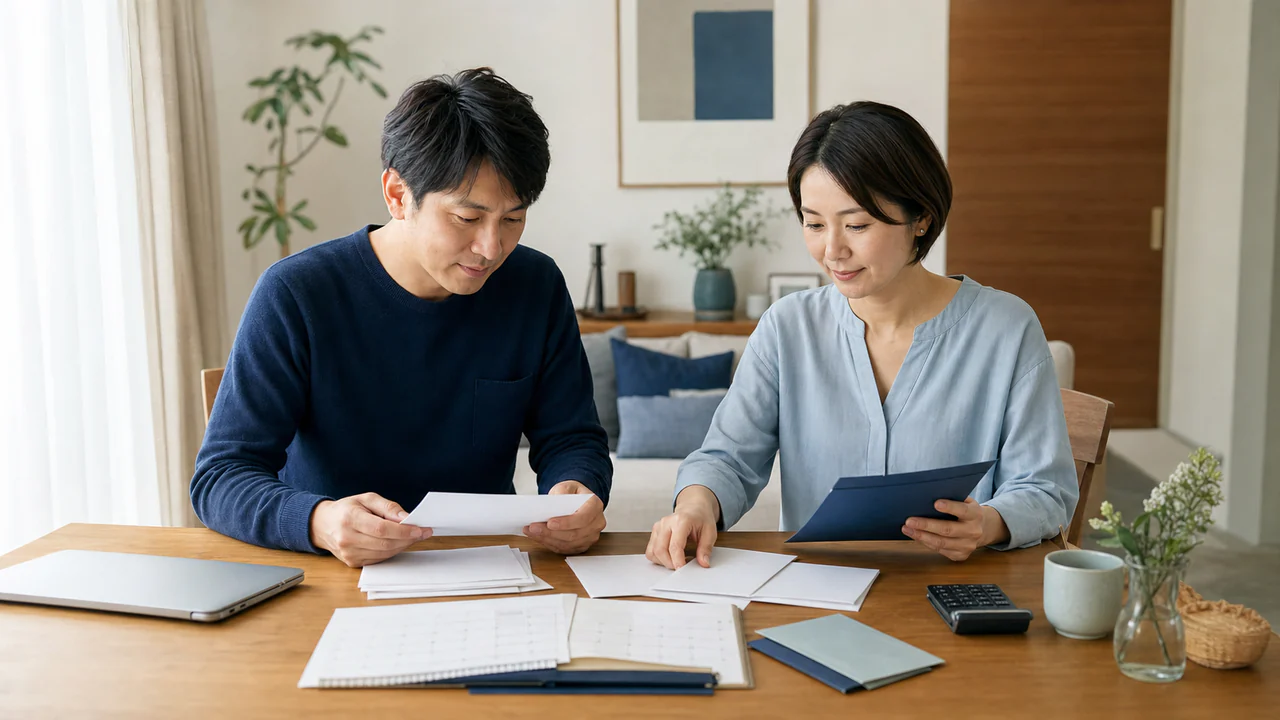 家庭で医療費の領収書と給付申請書類を整理する夫婦
