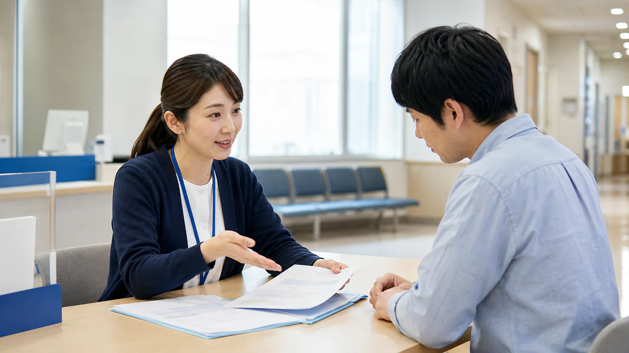 病院の相談窓口で医療費と公的医療保険の手続きを確認する場面