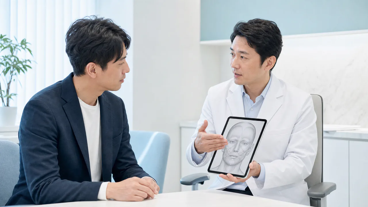男性がボトックスとヒアルロン酸の違いを医師に相談する場面 男性患者が顔の解剖図を見ながらボトックスとヒアルロン酸の違いを医師に相談する場面