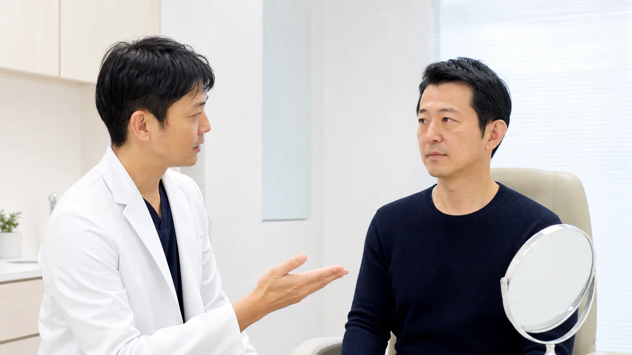 男性の美容注入治療前に表情と顔立ちを確認する診察 男性患者の表情と顔立ちを医師が確認し美容注入治療のデザインを相談する場面