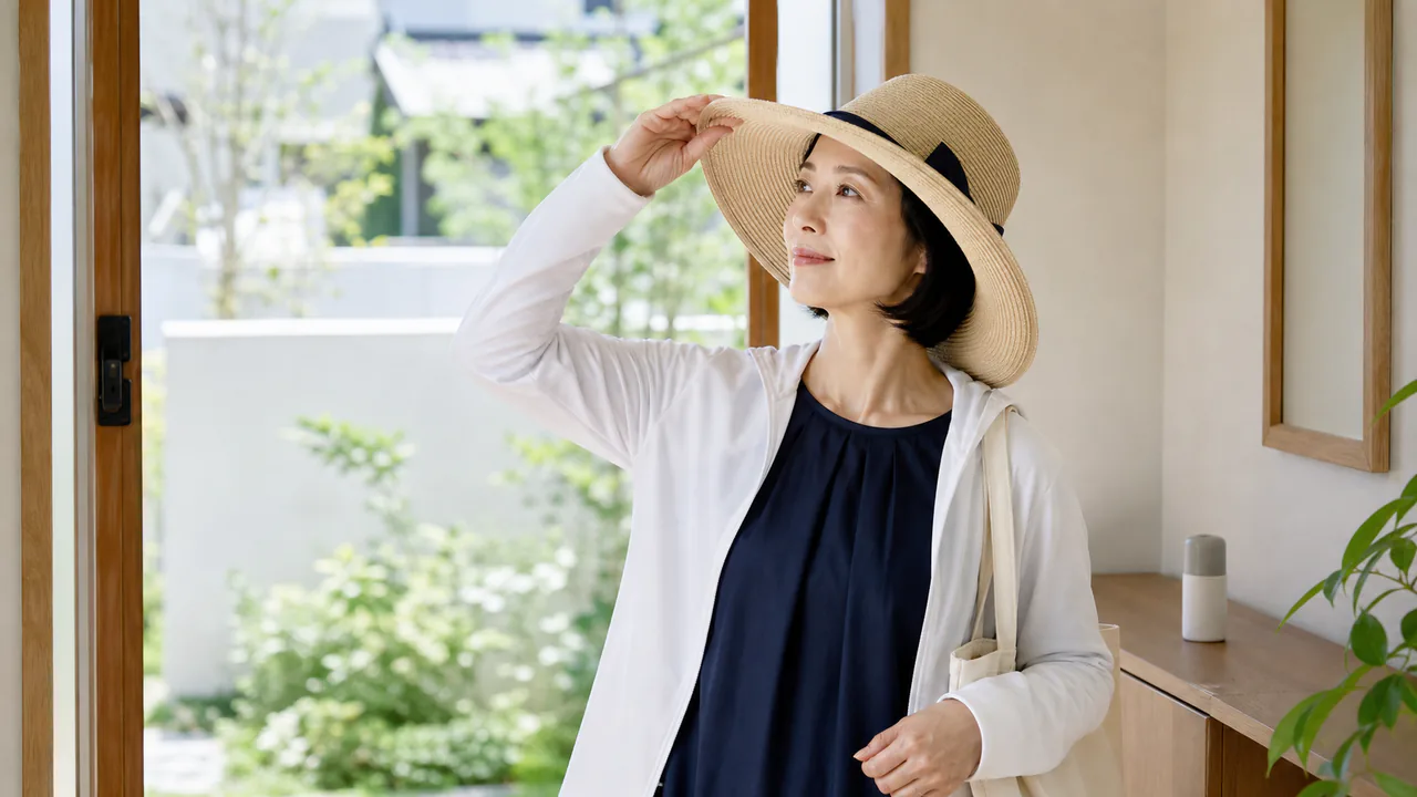 外出前に日焼け止めと帽子で紫外線対策をする様子