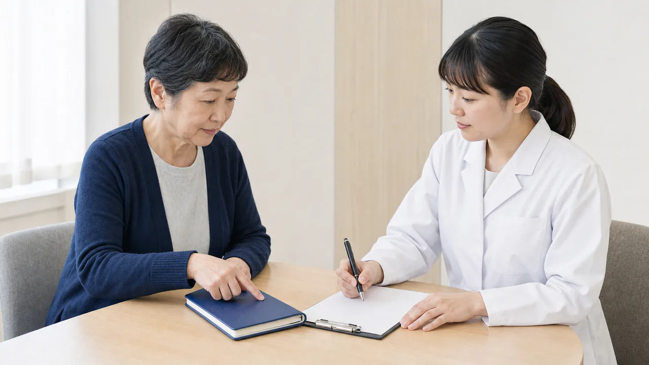 高齢者がお薬手帳の情報を薬剤師と確認する場面