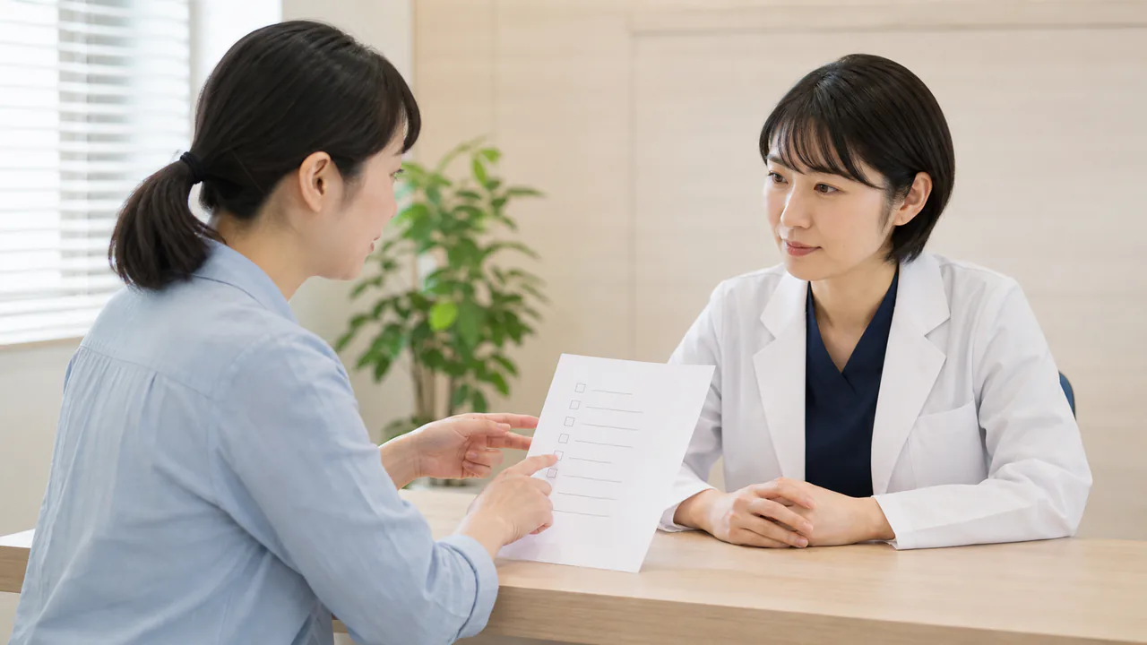 症状と使用中の薬を確認しながら薬剤師へ相談する場面