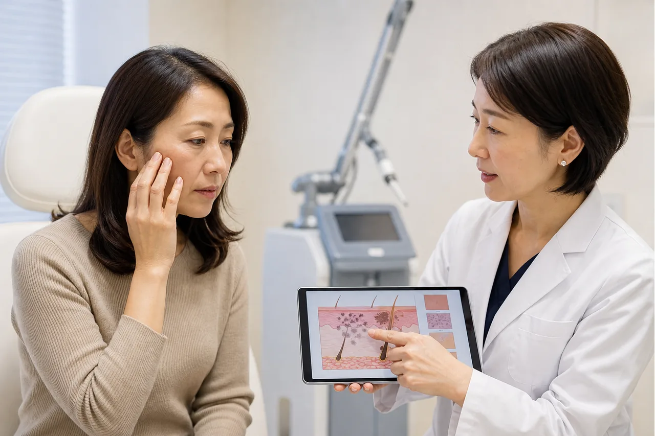 ピコレーザー治療前の適応診断 色素の種類と深さを医師と確認する患者