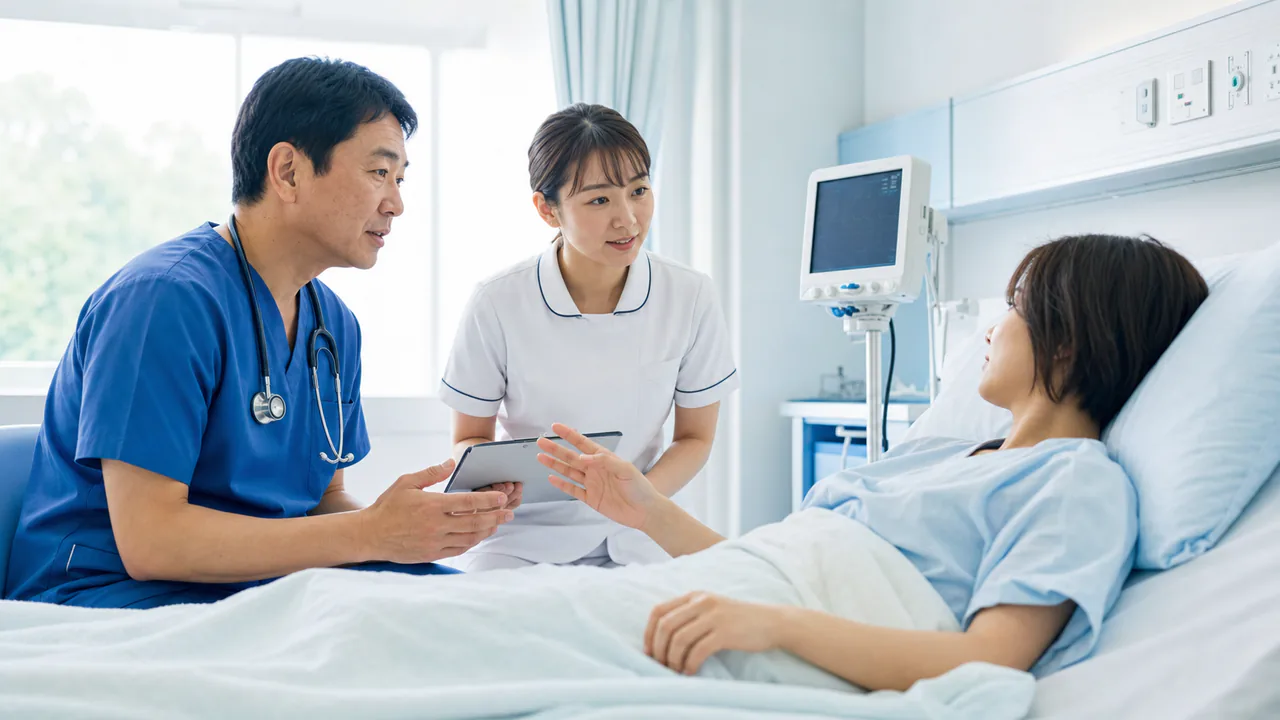 麻酔後は覚醒・呼吸・筋力・痛みを確認する 麻酔後の回復室で患者の呼吸と覚醒を確認する医療者