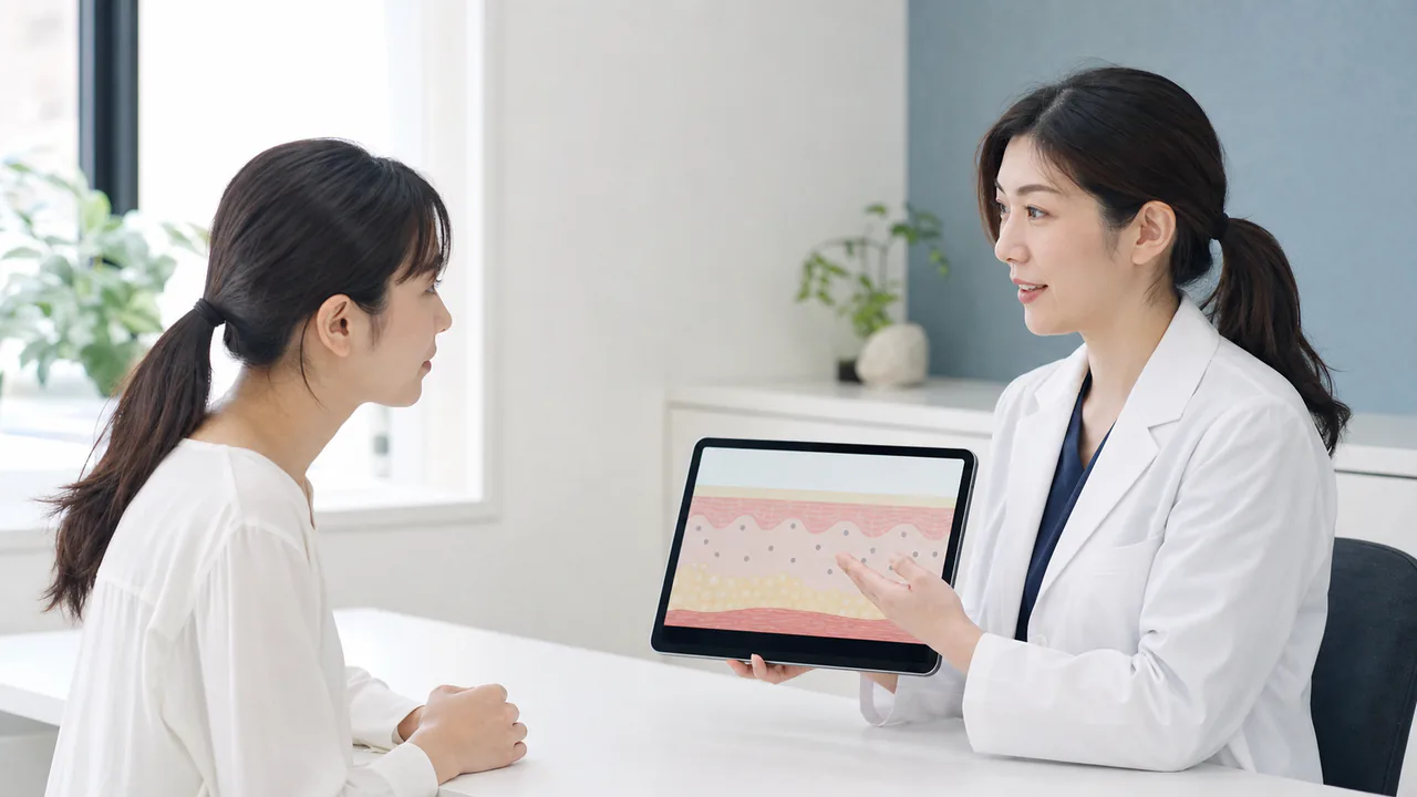 患者が皮膚の模式図を見ながらポテンツァの仕組みと治療目標を医師に相談する場面