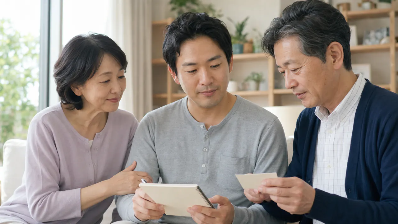 治療後の体調記録とフォローアップ 治療後の体調変化と緊急連絡先を家族と確認する男性