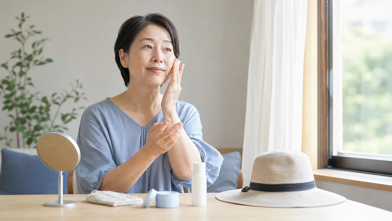 自宅で頬を保湿し紫外線対策を準備する場面