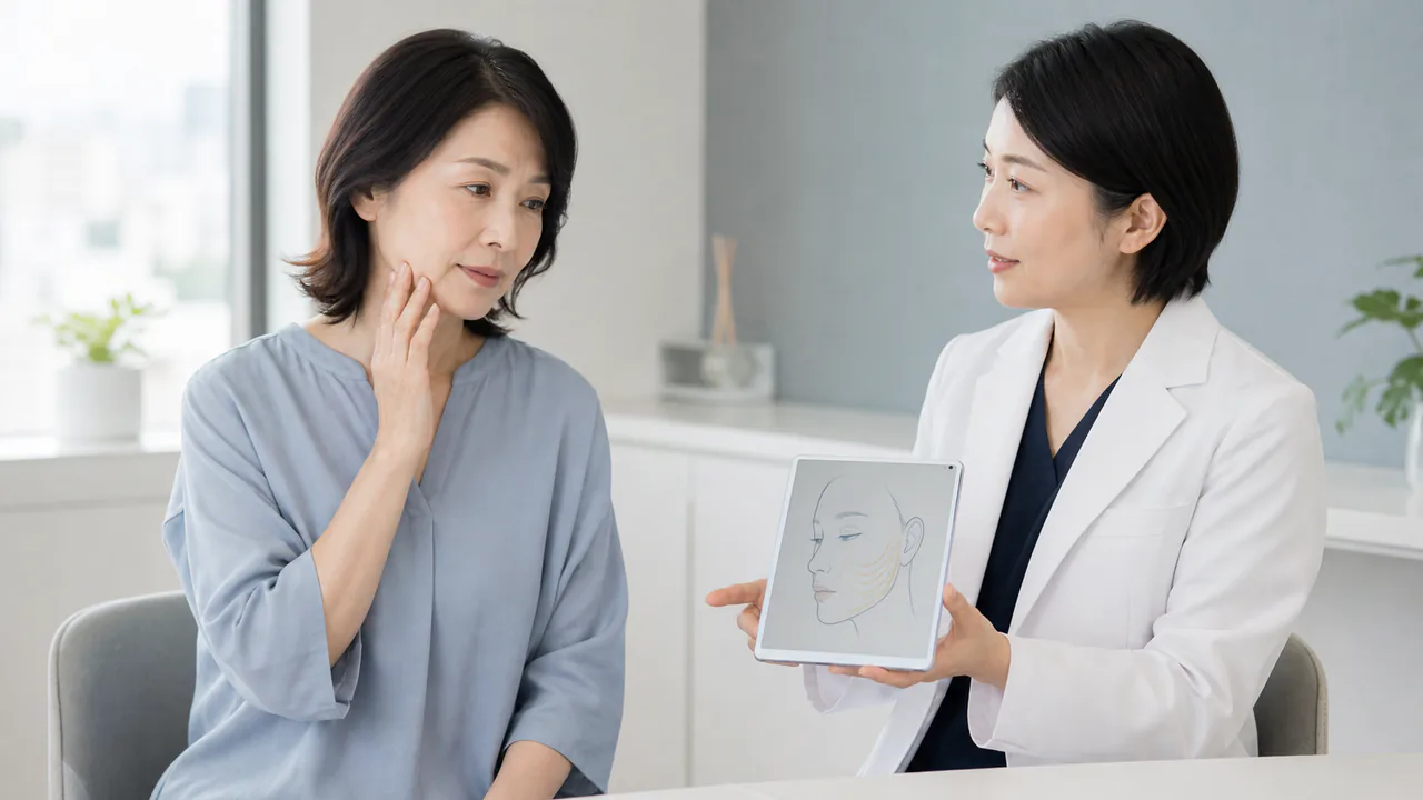 顔の引き締め治療について医師と相談する場面