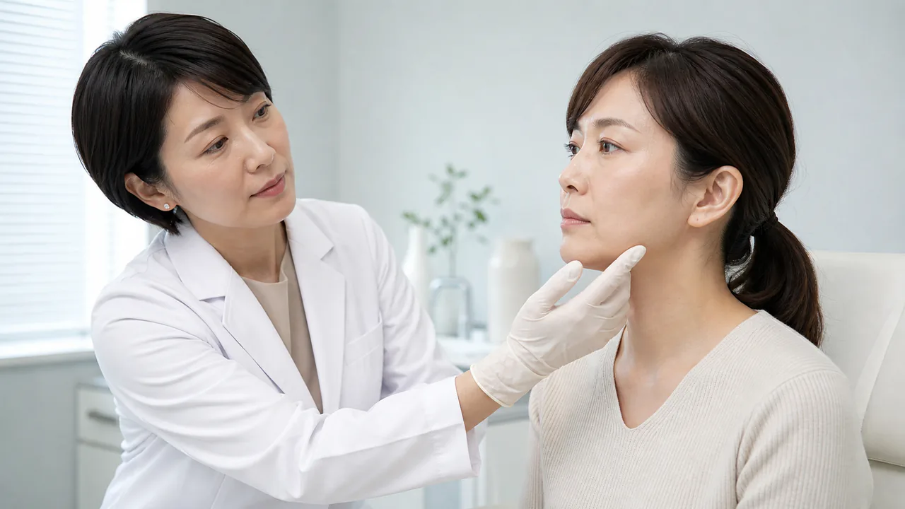 医師が頬とフェイスラインの皮膚状態を診察する場面