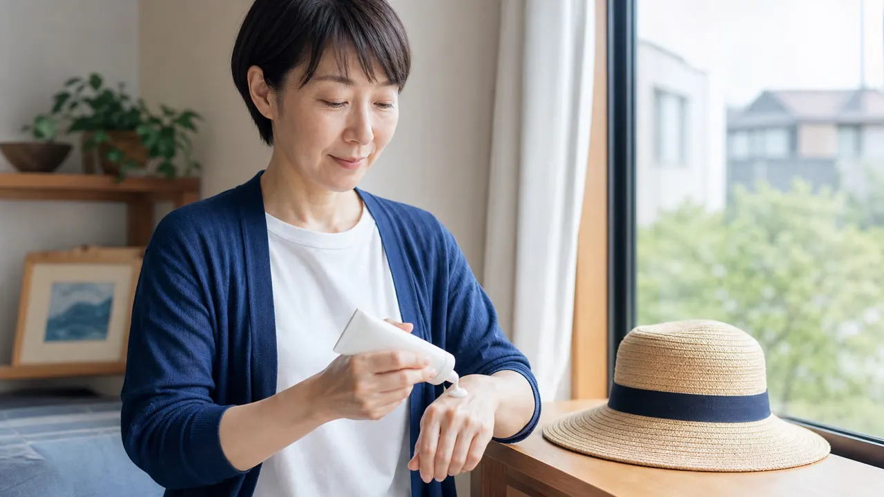 紫外線対策として日焼け止めを塗る日常場面