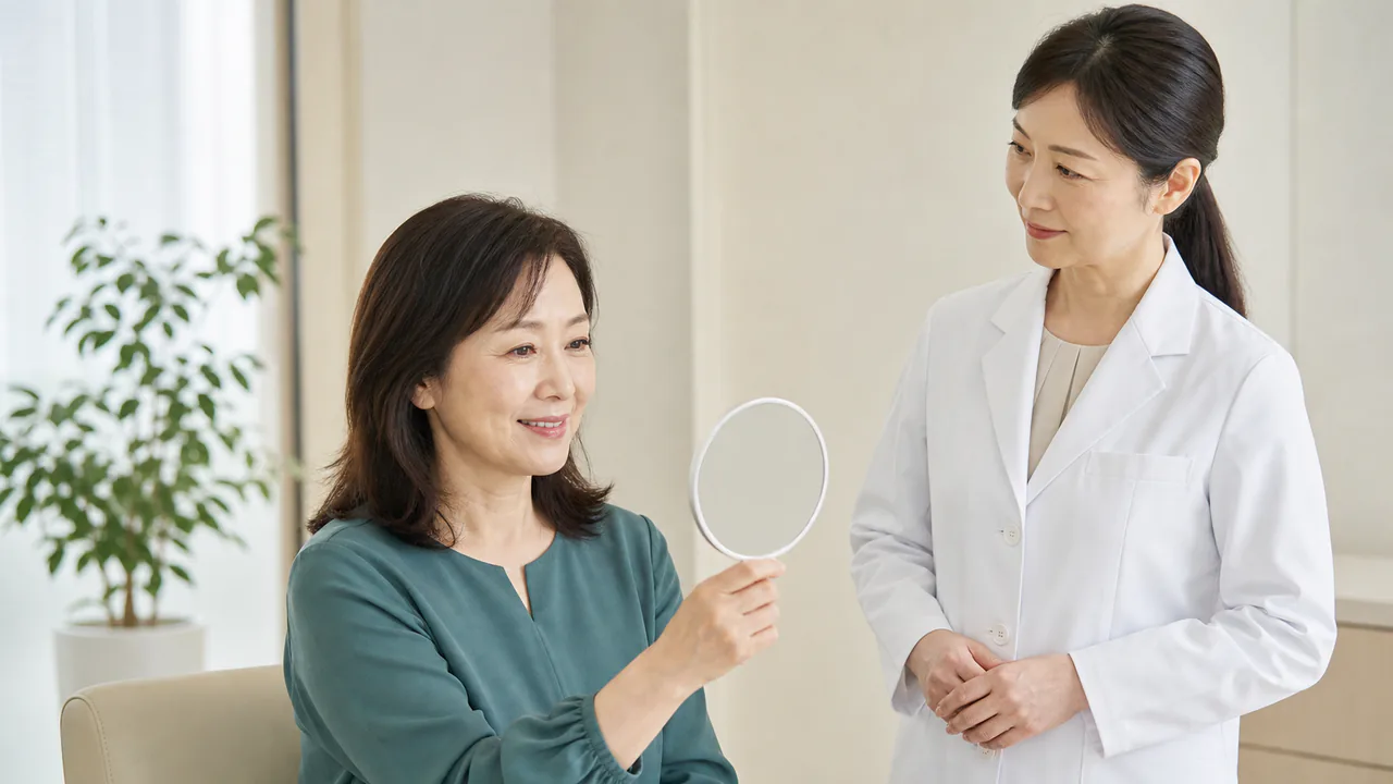 鏡を見ながら表情の動きとシワの状態を医師と確認する場面