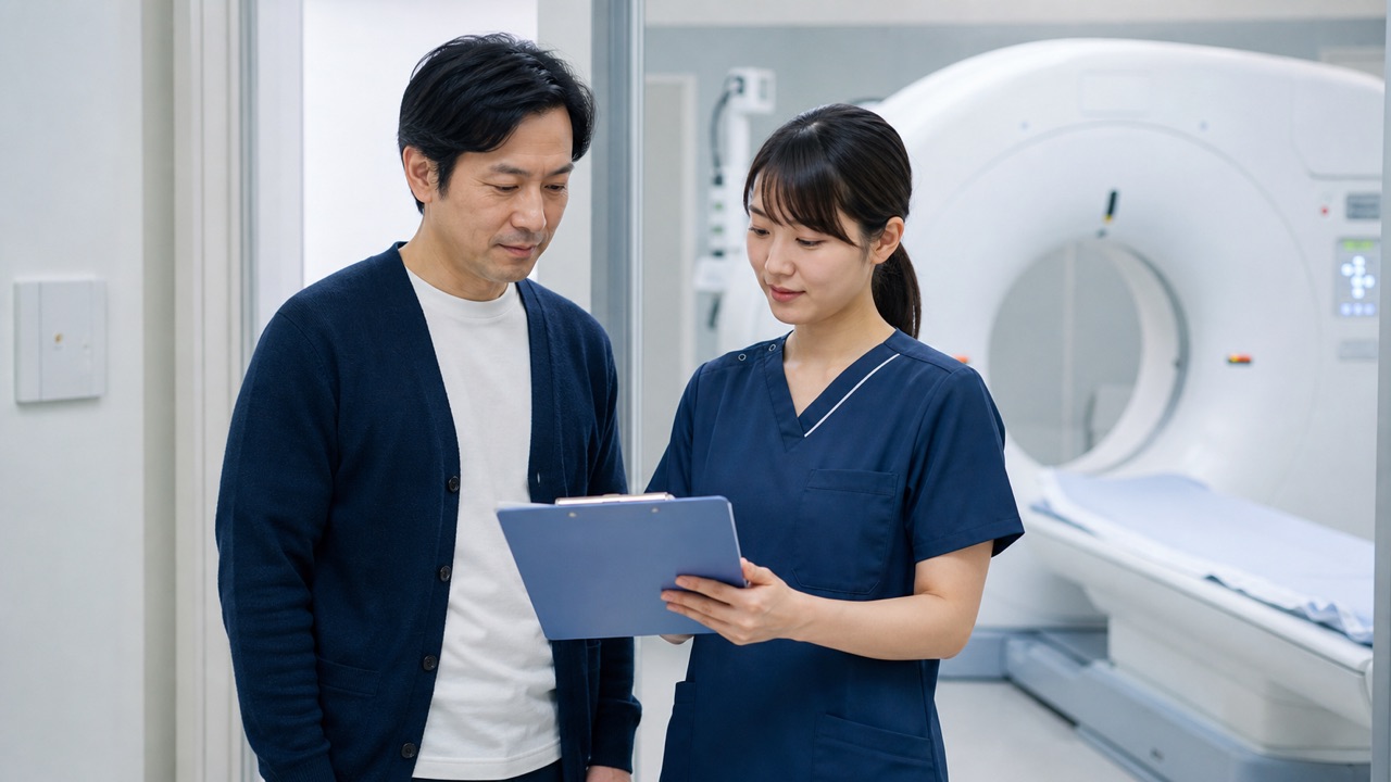 CT検査前の確認 CT検査前に患者と診療放射線技師が問診内容を確認する場面