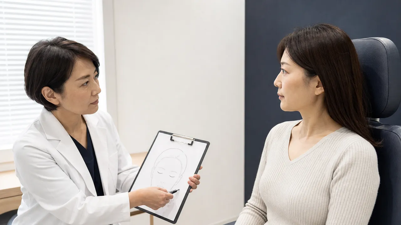 医師が患者の顔立ちとHIFUの照射範囲を確認する場面