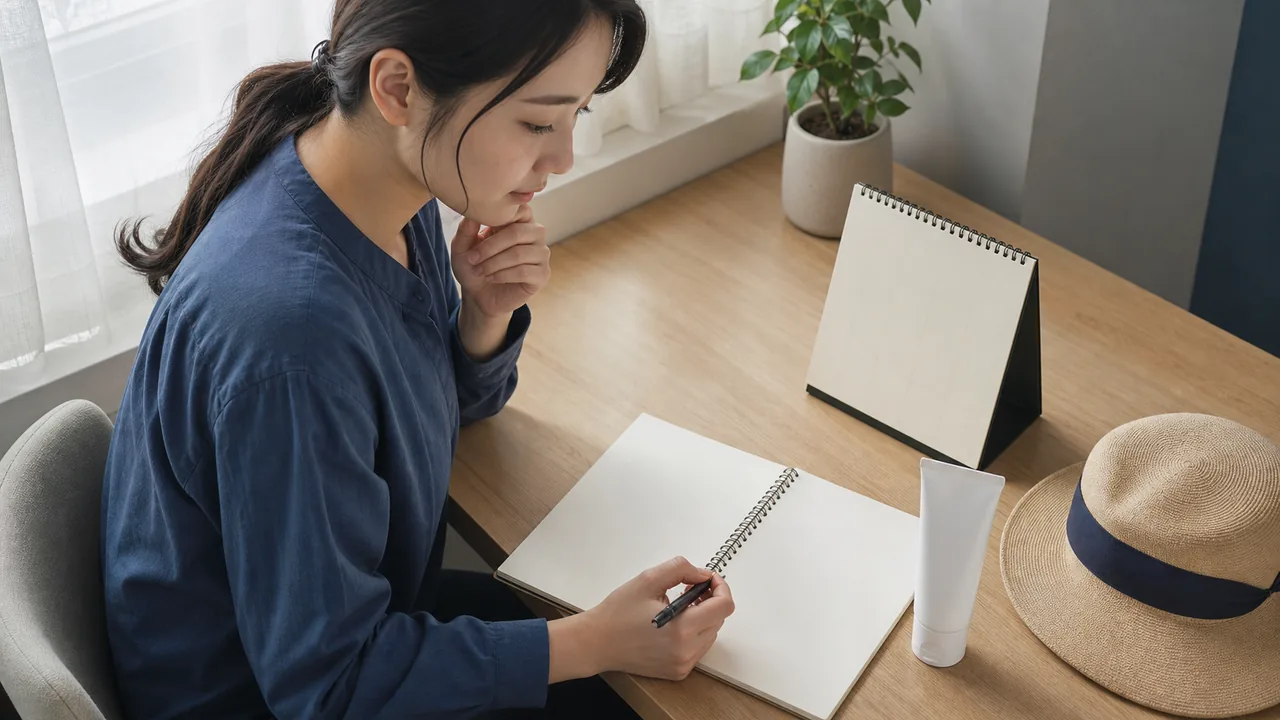 美容医療機器の施術前に確認するアフターケア計画 施術前に紫外線対策やダウンタイムの予定を整理する様子
