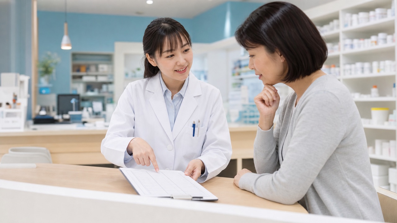 薬剤師による服薬内容の確認 薬剤師と患者が薬の併用と安全な服用方法を確認する様子