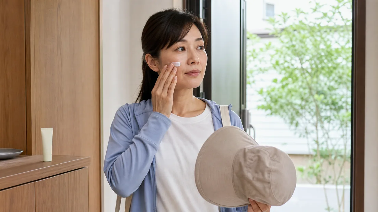 日焼け止めと帽子による紫外線対策 外出前に日焼け止めを頬へ塗り帽子を準備する女性