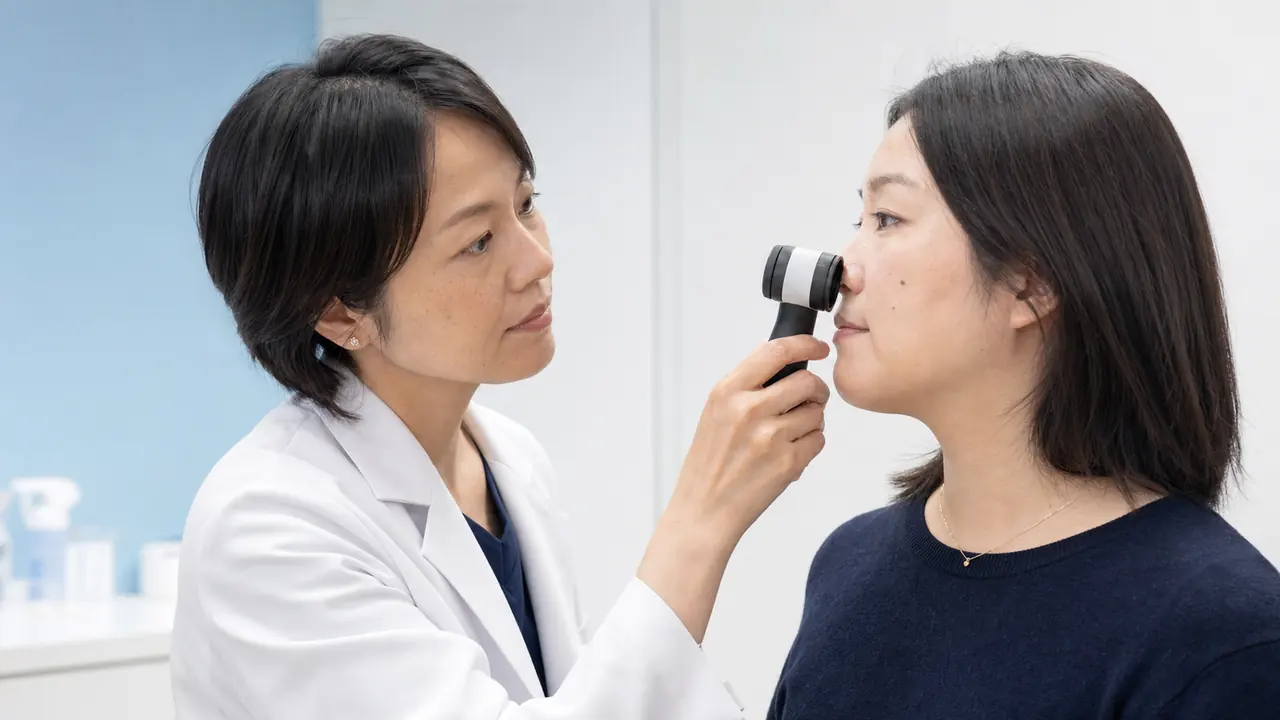 色素斑を確認する皮膚科診察 皮膚科医がダーモスコープで頬の色素斑を確認する様子