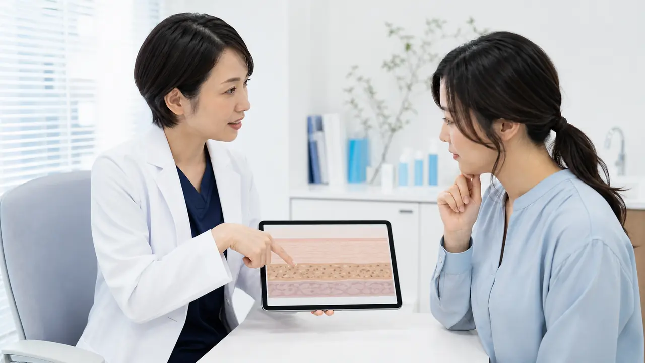 シミの原因を整理する専門家の解説 シミの原因を皮膚の模式図で説明する医師と相談者