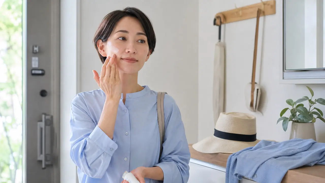 紫外線対策を行う日常のセルフケア 外出前に日焼け止めを頬へ塗る女性と帽子
