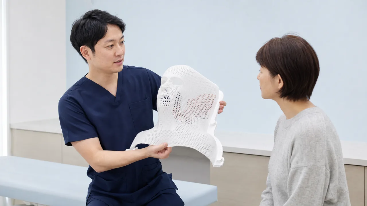 定位放射線治療の固定用マスク 定位放射線治療で用いる固定用マスクを診療放射線技師が説明する場面