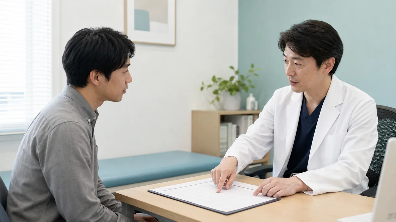 アレルギーと呼吸器症状の経過を医師と整理する人