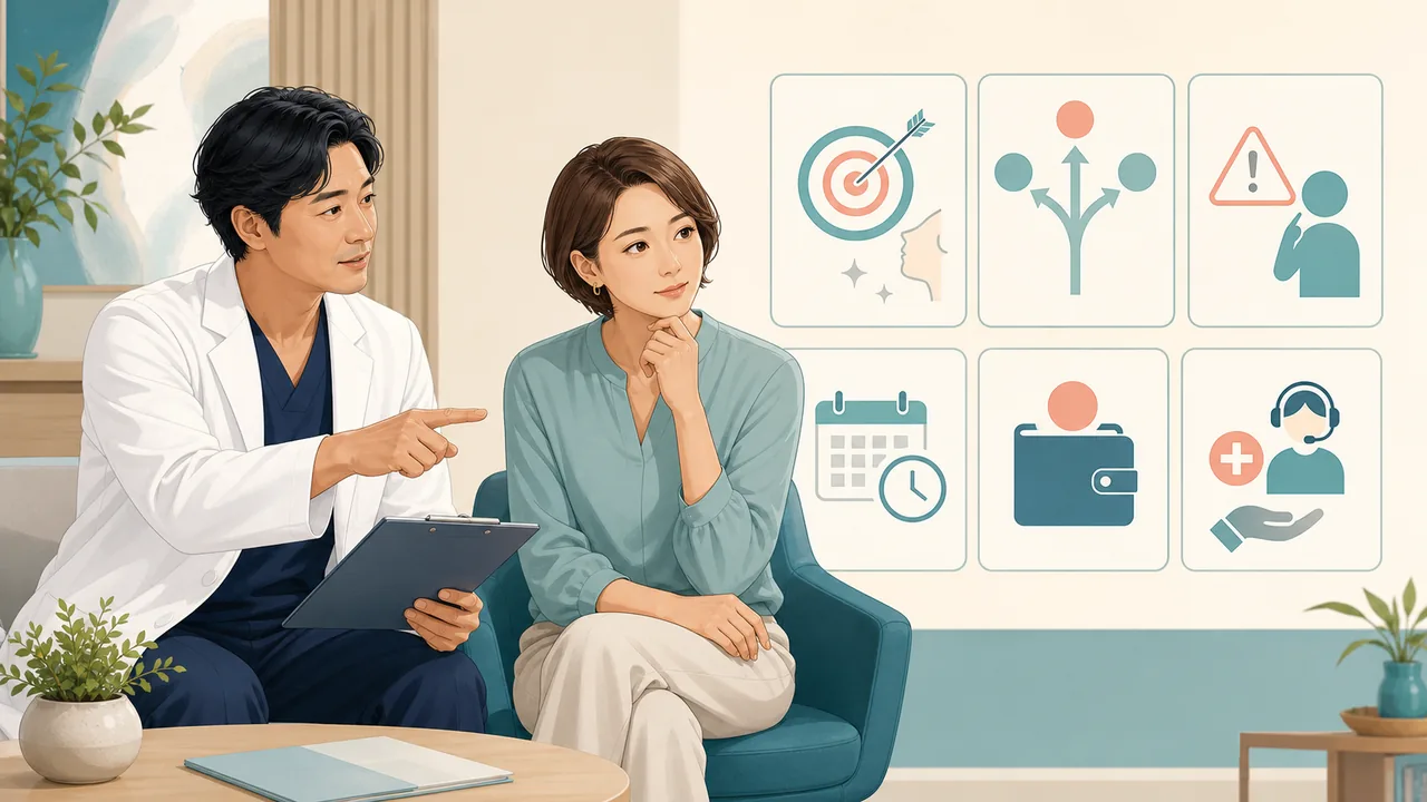 相談前に目的・選択肢・回復・費用・緊急対応を確認する 形成外科や美容外科へ相談する前の確認項目を文字なしで示すイラスト