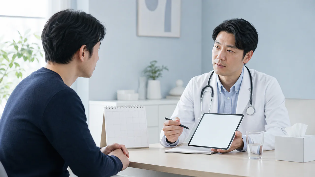 咳・痰は経過と随伴症状を整理して受診判断につなげる 咳と痰の経過を無地の予定表で整理しながら医師に相談する成人