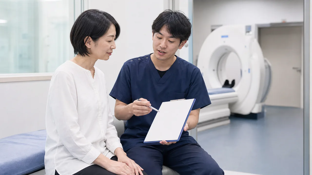 CTやMRI前の安全確認 画像検査前に安全確認項目の説明を受ける受診者