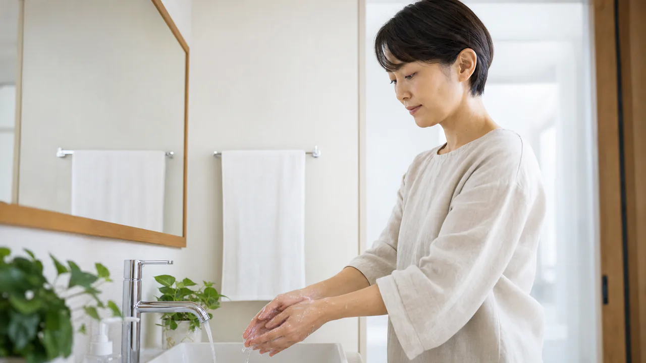 点眼前に洗面所で手を洗う人