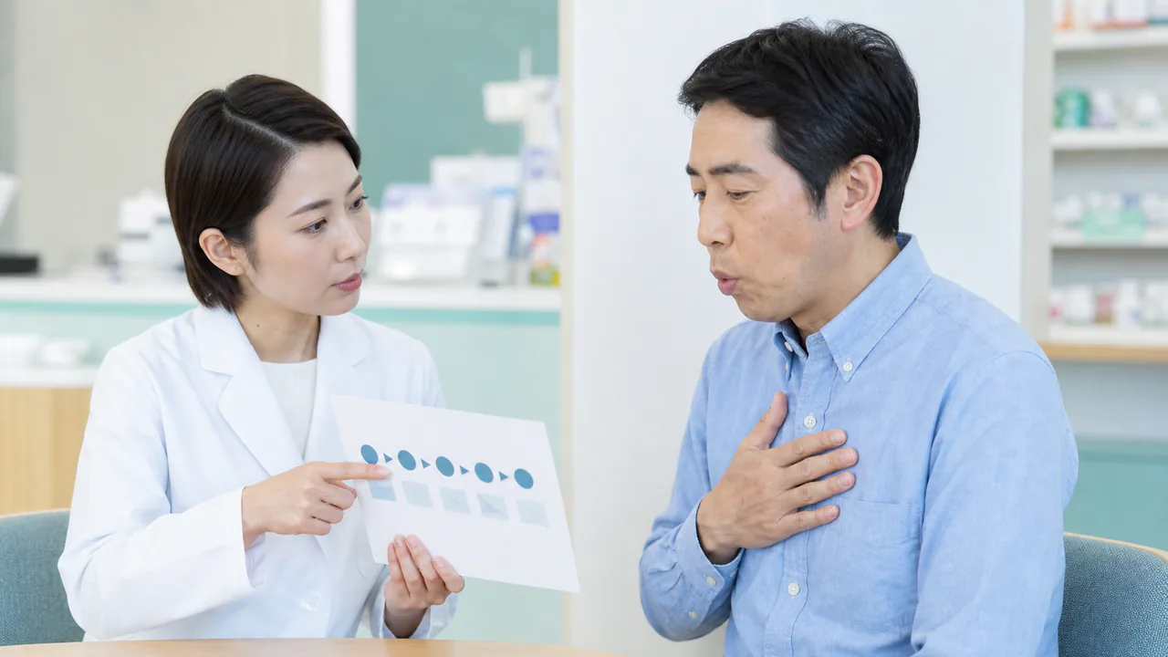 吸入手技の順序と呼吸動作を薬剤師と確認する人
