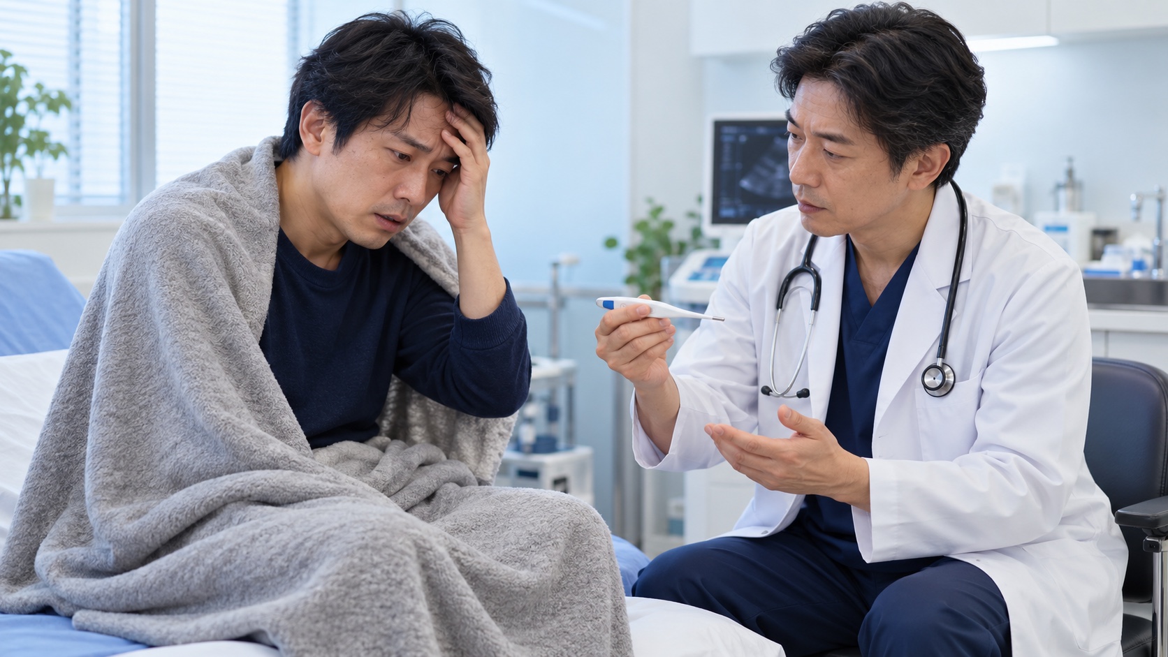 発熱と排尿痛がある男性を泌尿器科医が緊急に診察する場面