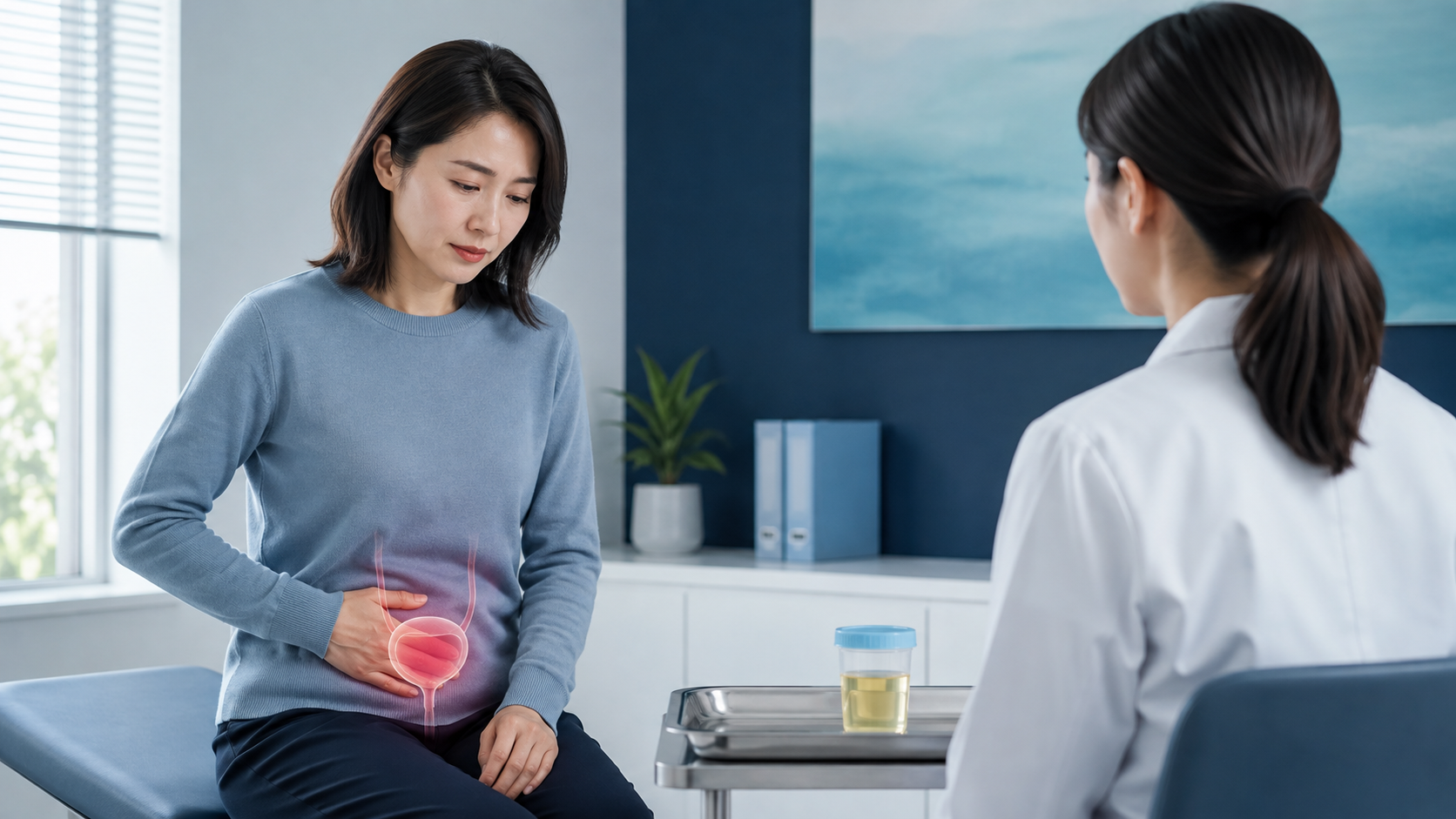 下腹部の排尿時痛を相談し、尿検査用の採尿容器を確認する女性の診察場面