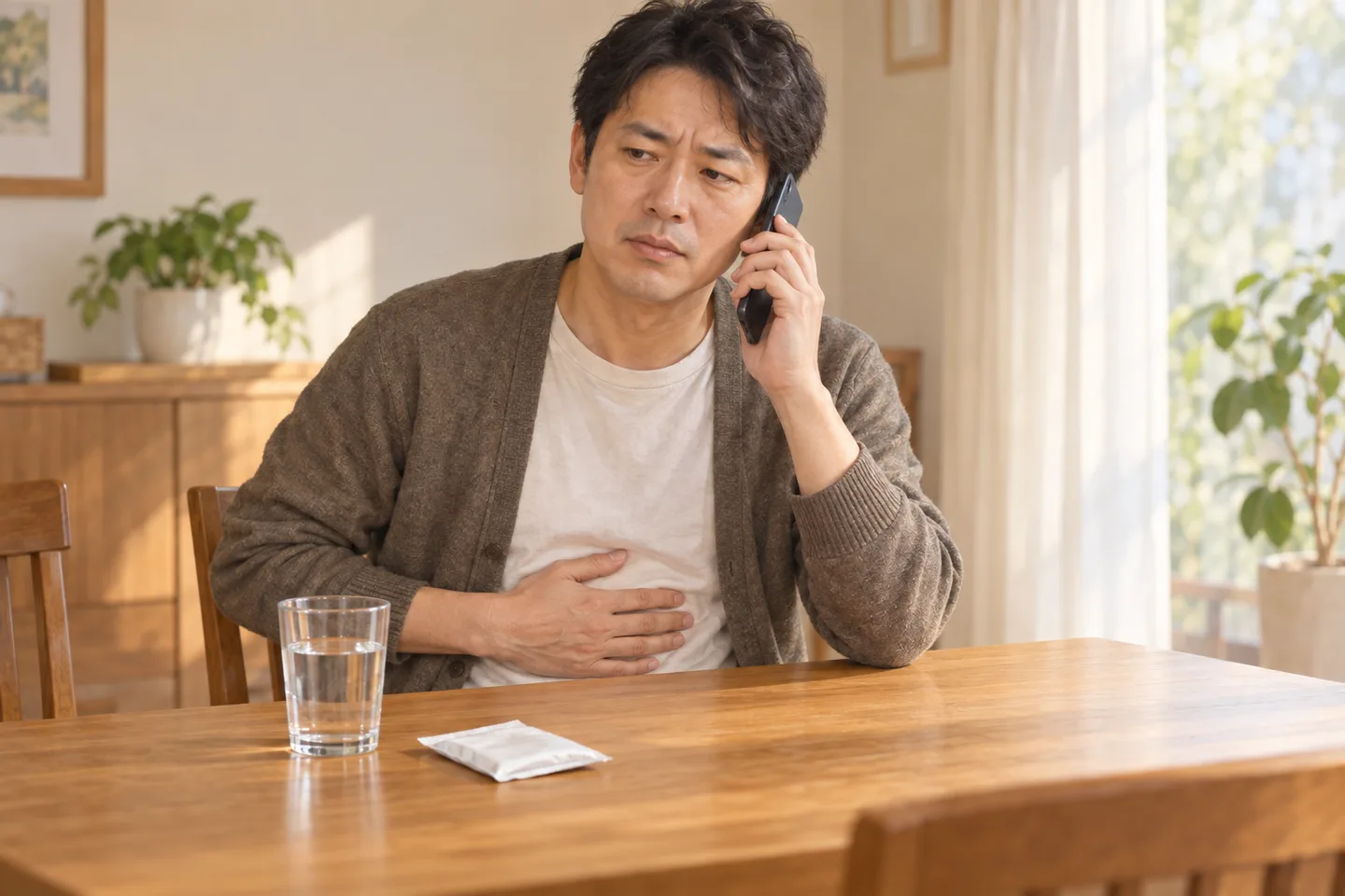 腹部の不快感がある成人が、自宅から医療機関への電話相談をする生成イメージ