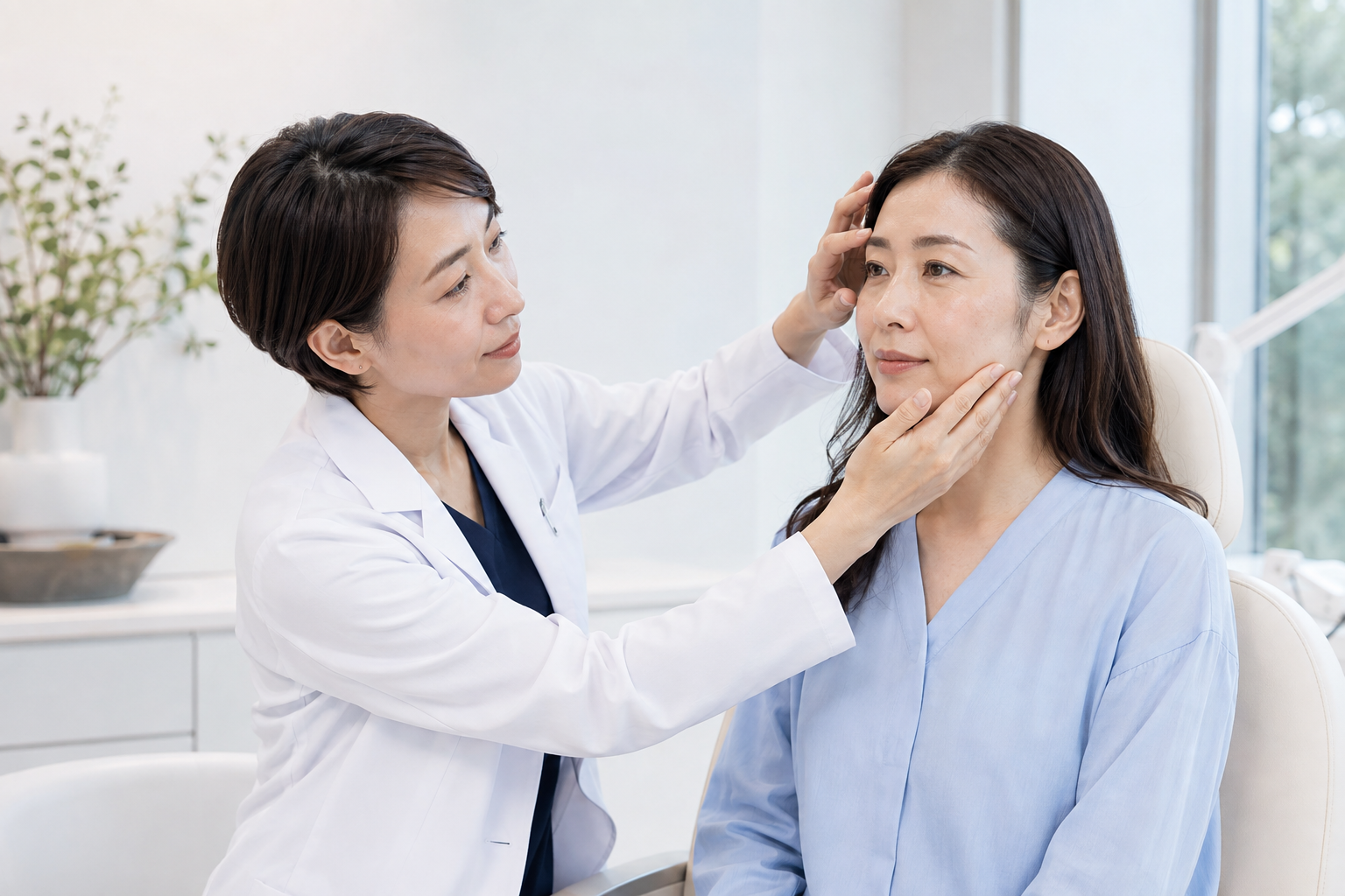 皮膚科医が頬とこめかみの色素斑の分布を診察する様子