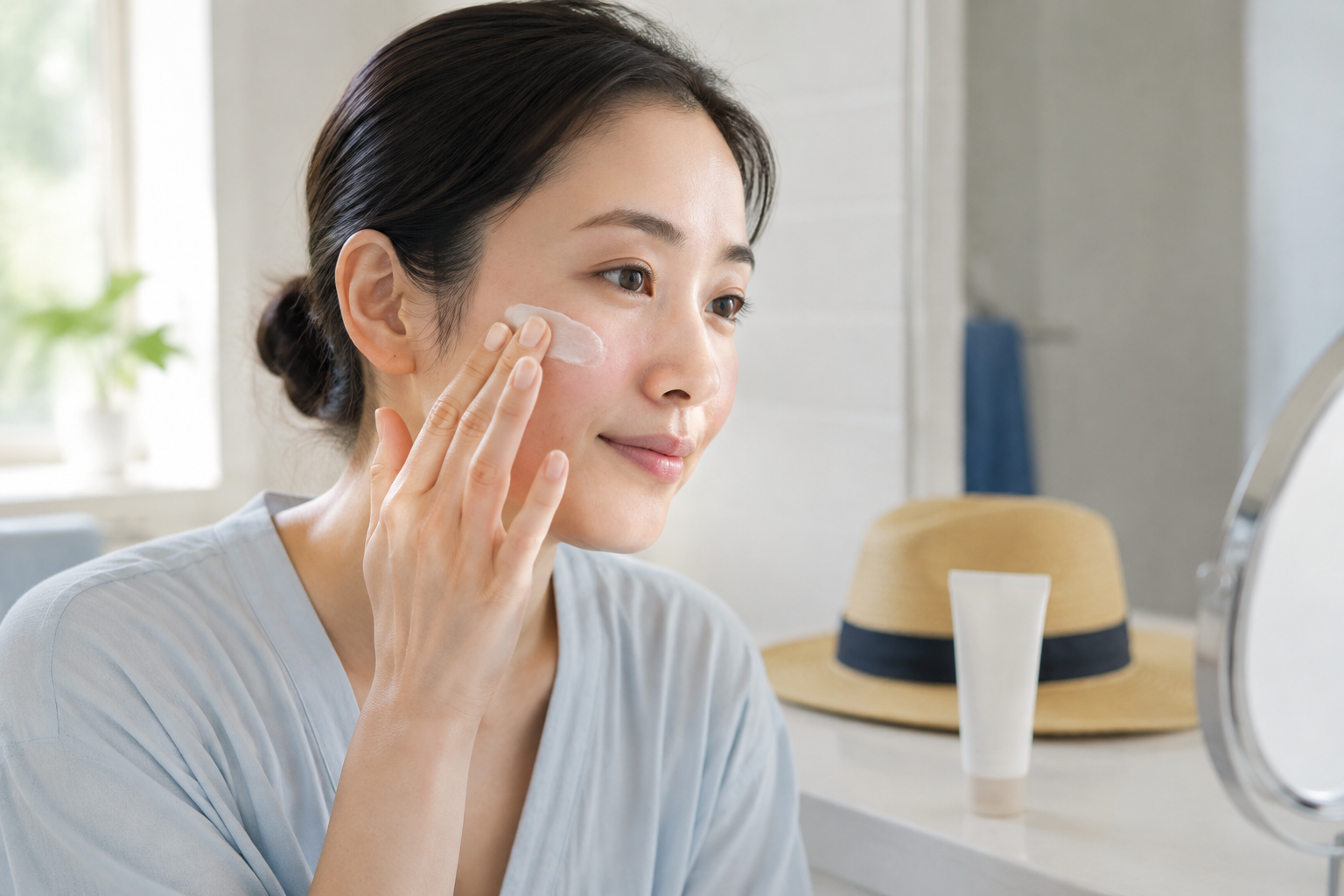 色素レーザー治療後の頬へ保湿剤をやさしく塗る成人女性